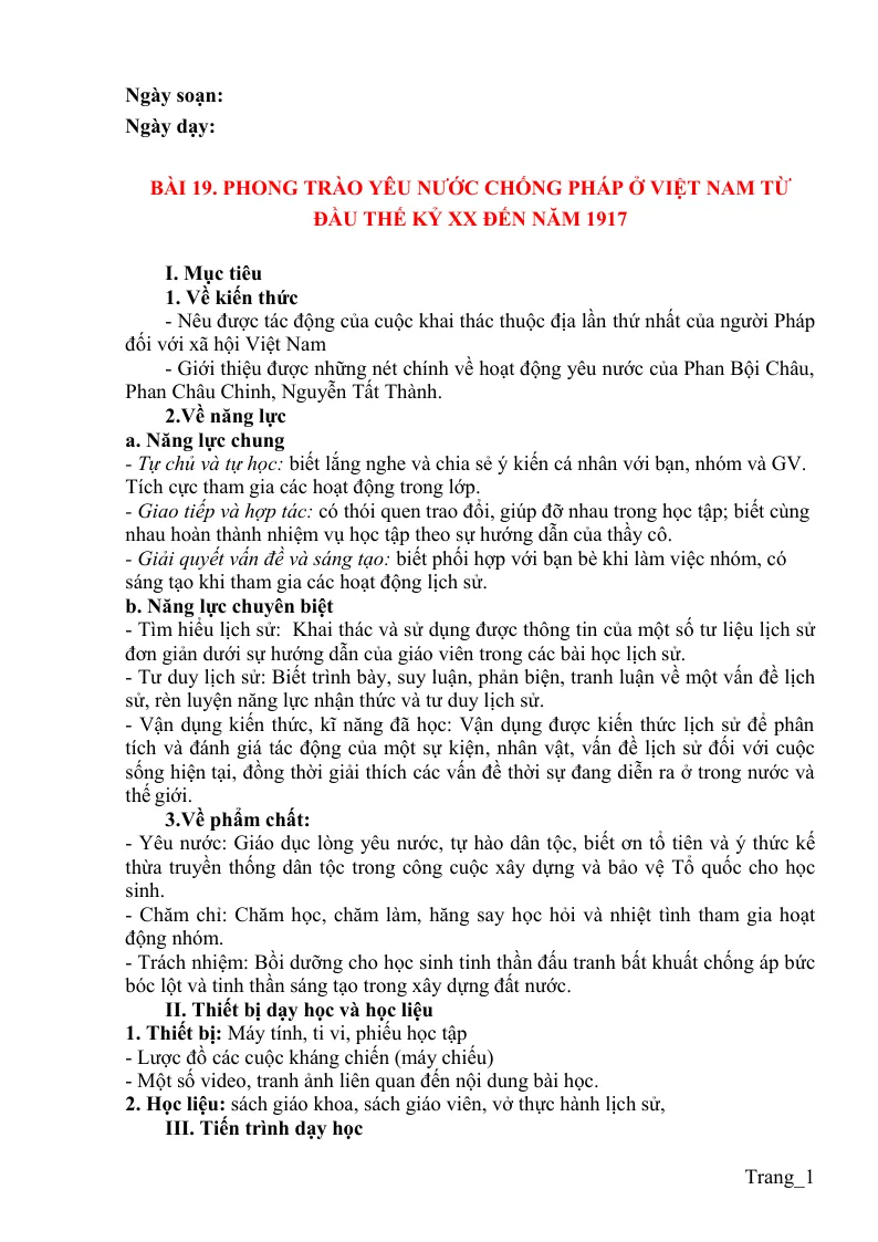 Giáo Án Lịch Sử 8 Bài 19 Phong Trào Yêu Nước Chống Pháp Ở Việt Nam Từ Đầu Thế Kỷ XX Đến Năm 1917