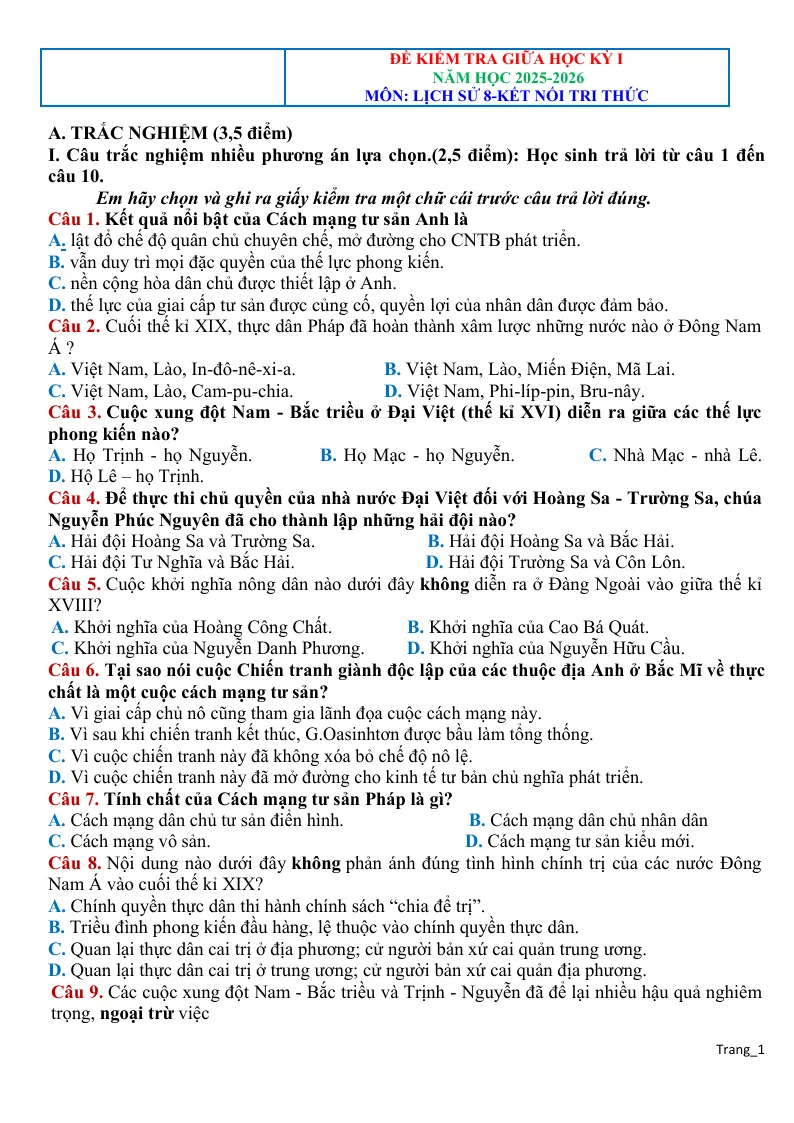 Đề Kiểm Tra Giữa Học Kỳ 1 Lịch Sử 8 2025 - 2026 Có Đáp Án Ma Trận