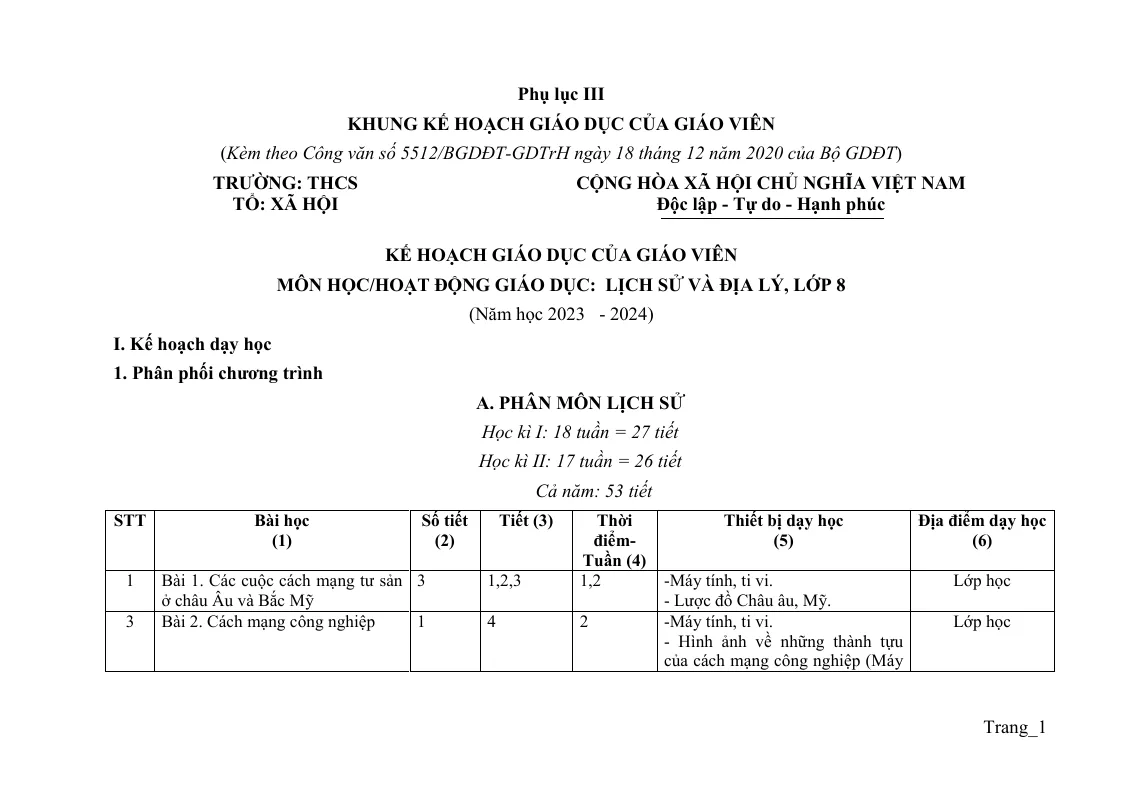 Kế Hoạch Giáo Dục Lịch Sử 8