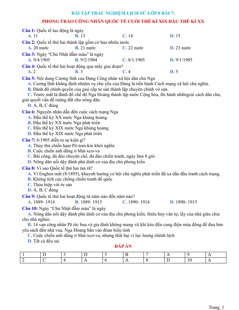 Trắc Nghiệm Sử 8 Bài 7: Phong Trào Công Nhân Quốc Tế Cuối Thế Kỷ 19 Đầu Thế Kỷ 20