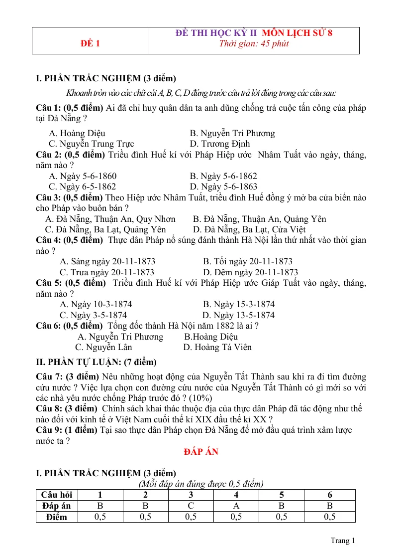 10 Đề Thi HK2 Môn Sử Lớp 8