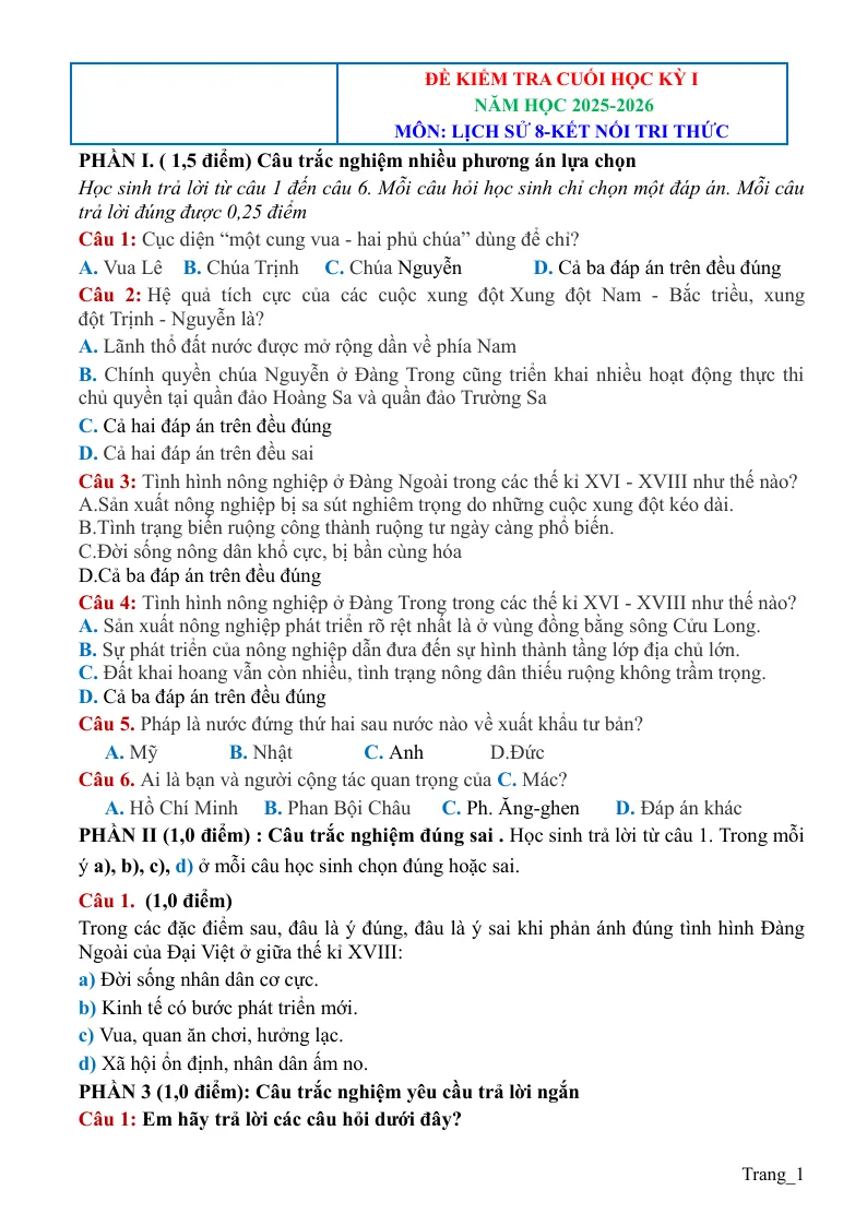 Đề Kiểm Tra Cuối Học Kỳ 1 Lịch Sử 8 2025 - 2026 Có Đáp Án Ma Trận Đặc Tả