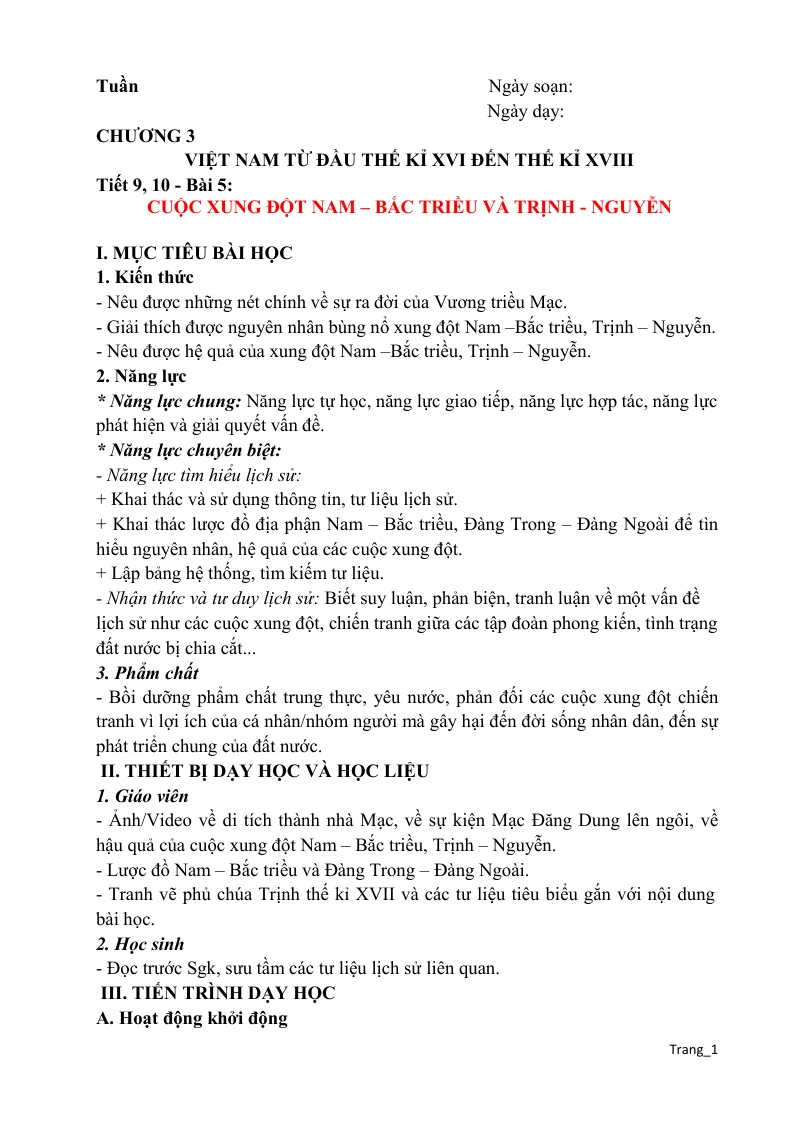 Giáo Án Lịch Sử 8 Bài 5 Cuộc Xung Đột Nam–Bắc Triều Và Trịnh - Nguyễn