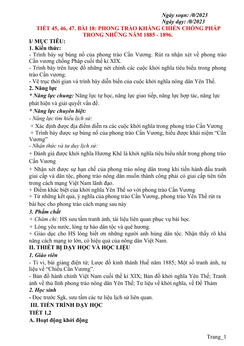 Giáo Án Lịch Sử 8 Bài 18 Phong Trào Kháng Chiến Chống Pháp Trong Những Năm 1885 - 1896