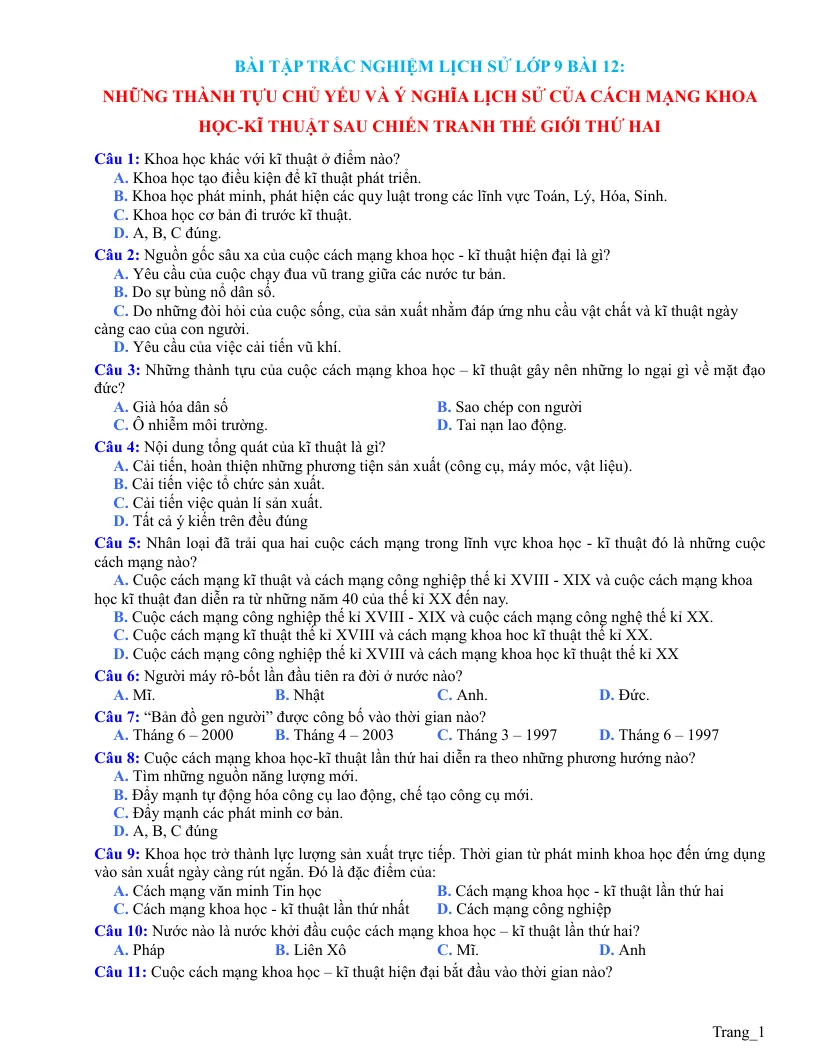 Trắc Nghiệm Sử 9 Bài 12 Có Đáp Án File