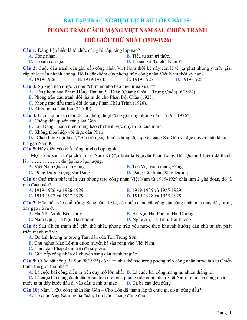 Trắc Nghiệm Sử 9 Bài 15 Có Đáp Án File