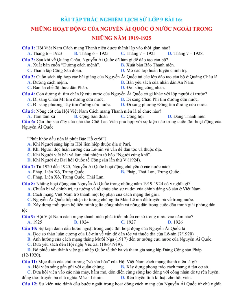 Trắc Nghiệm Sử 9 Bài 16 Có Đáp Án File