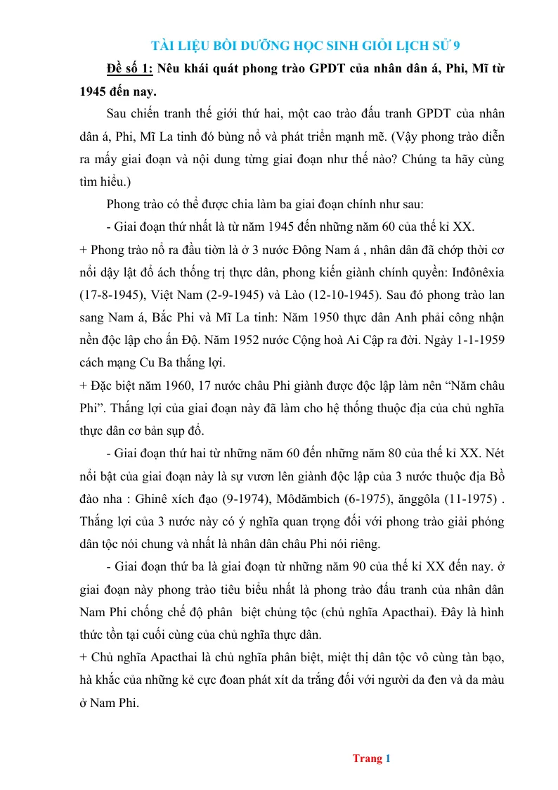 Tài Liệu Bồi Dưỡng Học Sinh Giỏi Lịch Sử 9