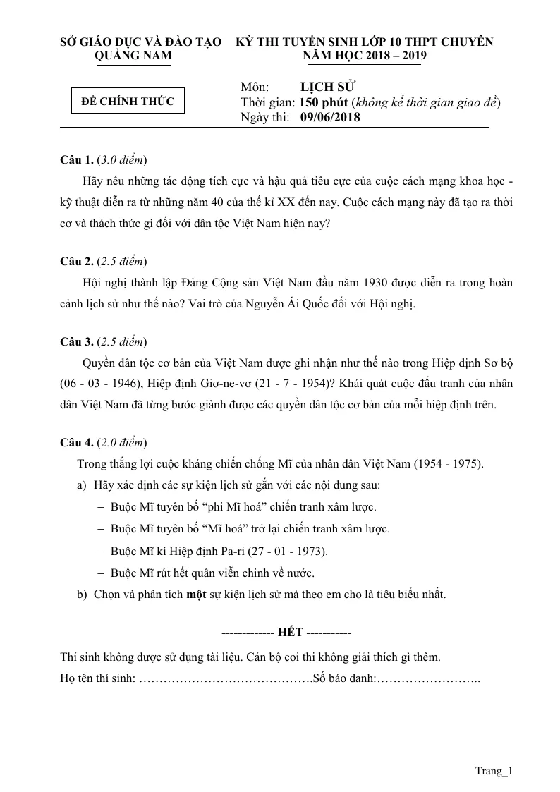 Đề Thi Tuyển Sinh 10 Lịch Sử Chuyên Sở GD Quảng Nam 2018 - 2019