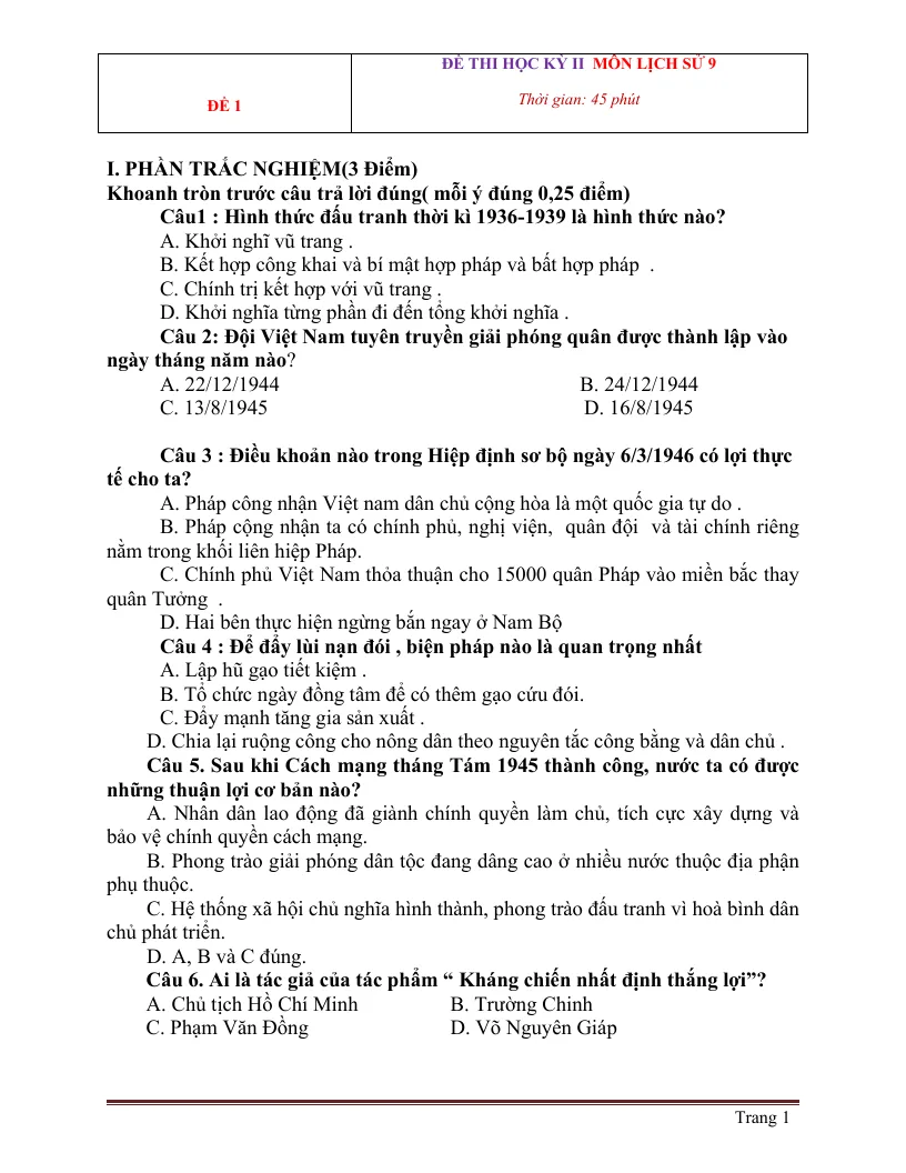 10 Đề Thi HK2 Môn Sử 9