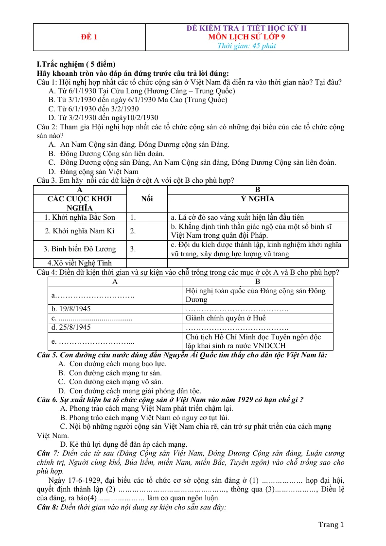 Bộ Đề Kiểm Tra 1 Tiết Lịch Sử 9 HK2