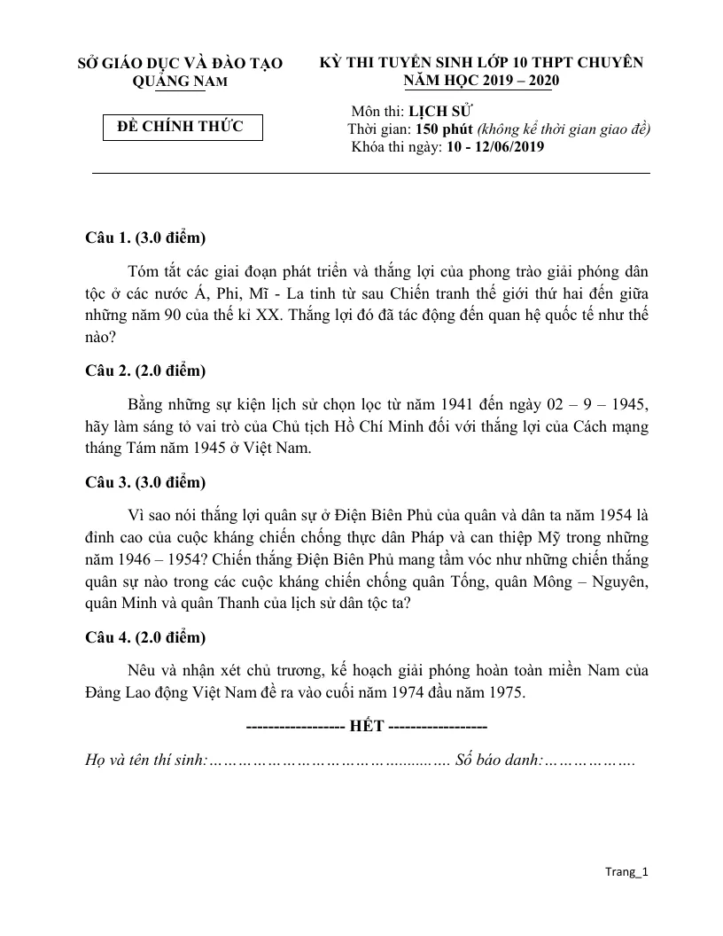 Đề Thi Tuyển Sinh 10 Chuyên Sử Sở GD Quảng Nam 2019 - 2020