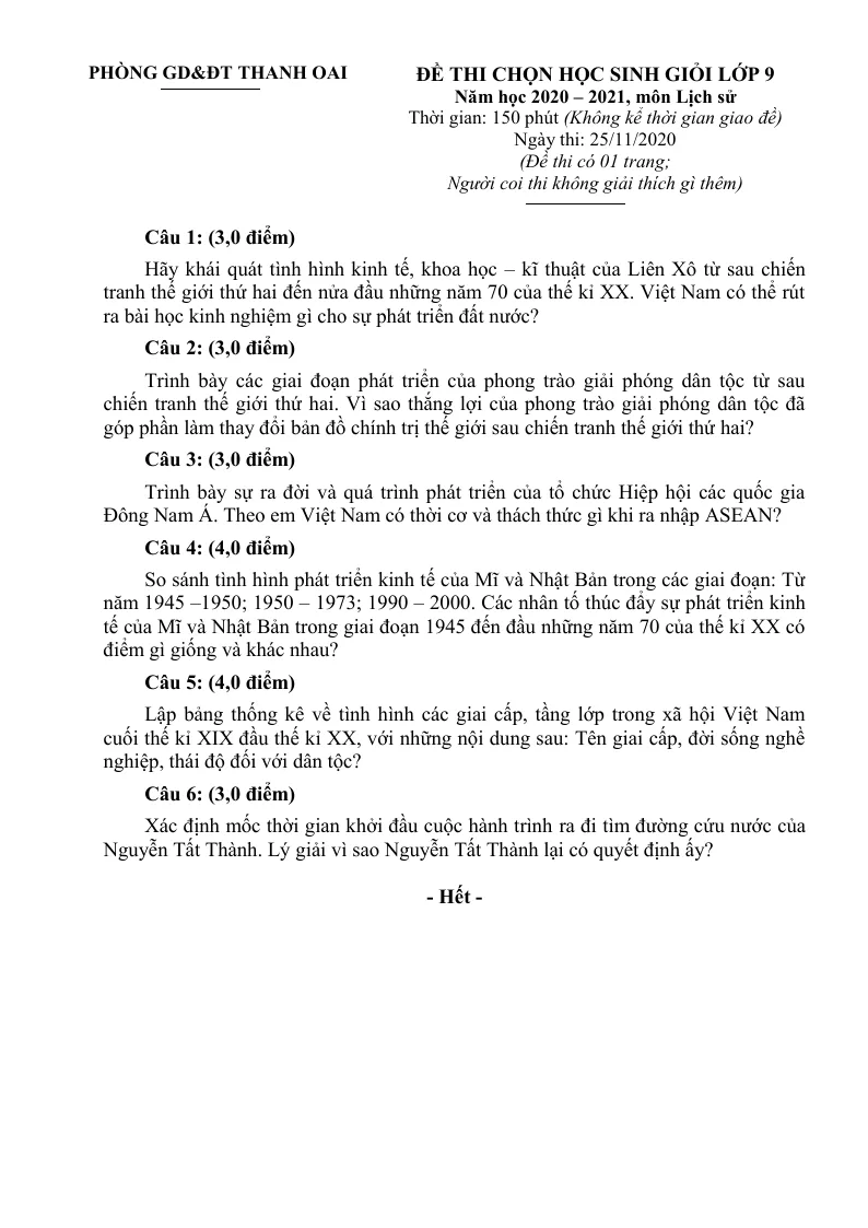 Đề Thi HSG Lịch Sử 9 Huyện Thanh Oai 2021 Vòng 1