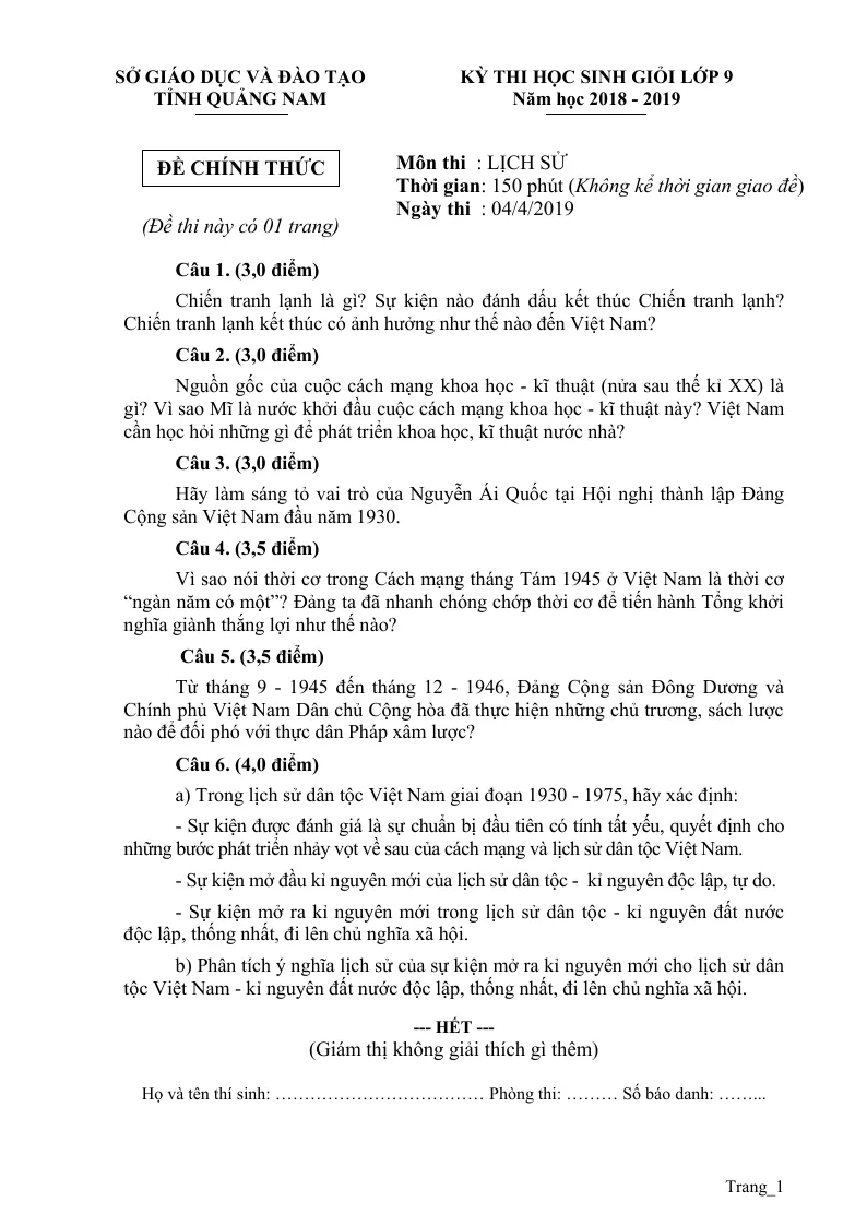Đề Thi HSG Lịch Sử 9 Tỉnh Quảng Nam 2018 - 2019