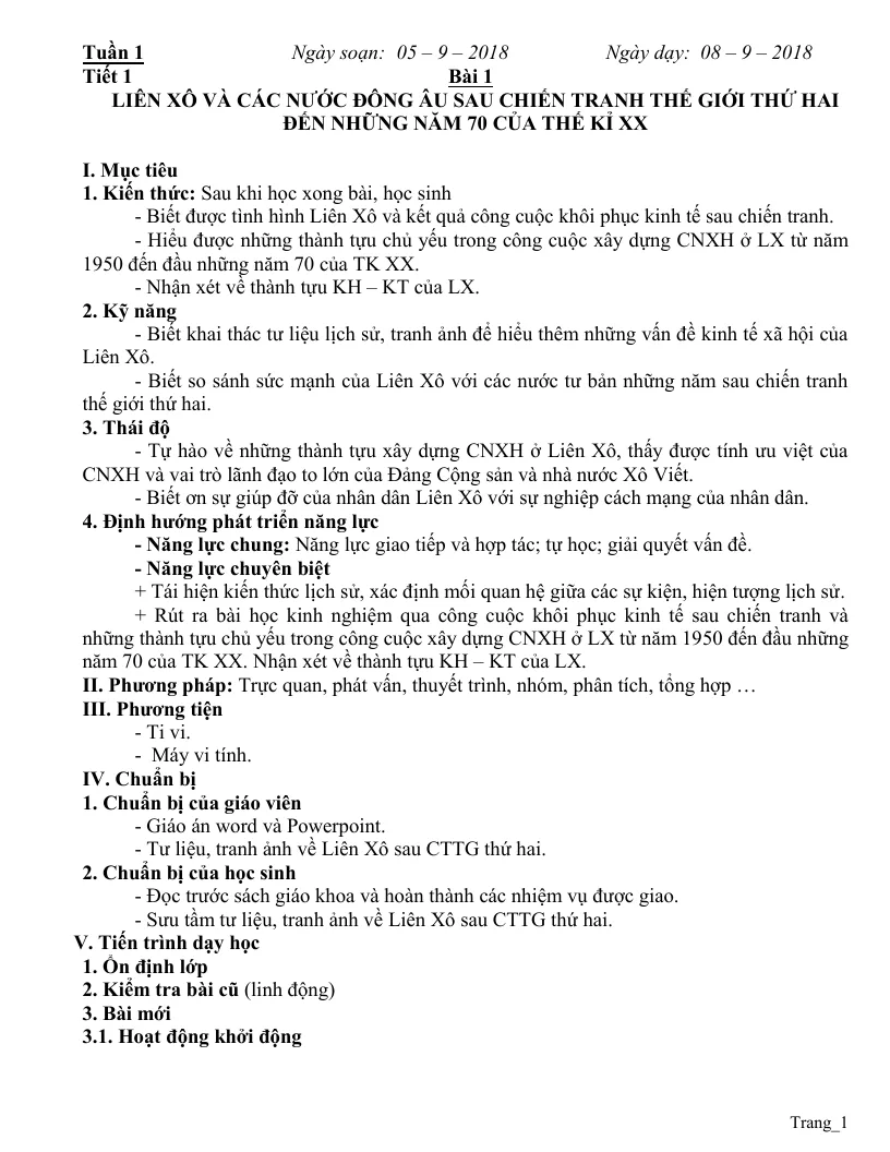Giáo Án Lịch Sử 9 Cả Năm PTNL Theo Phương Pháp Mới
