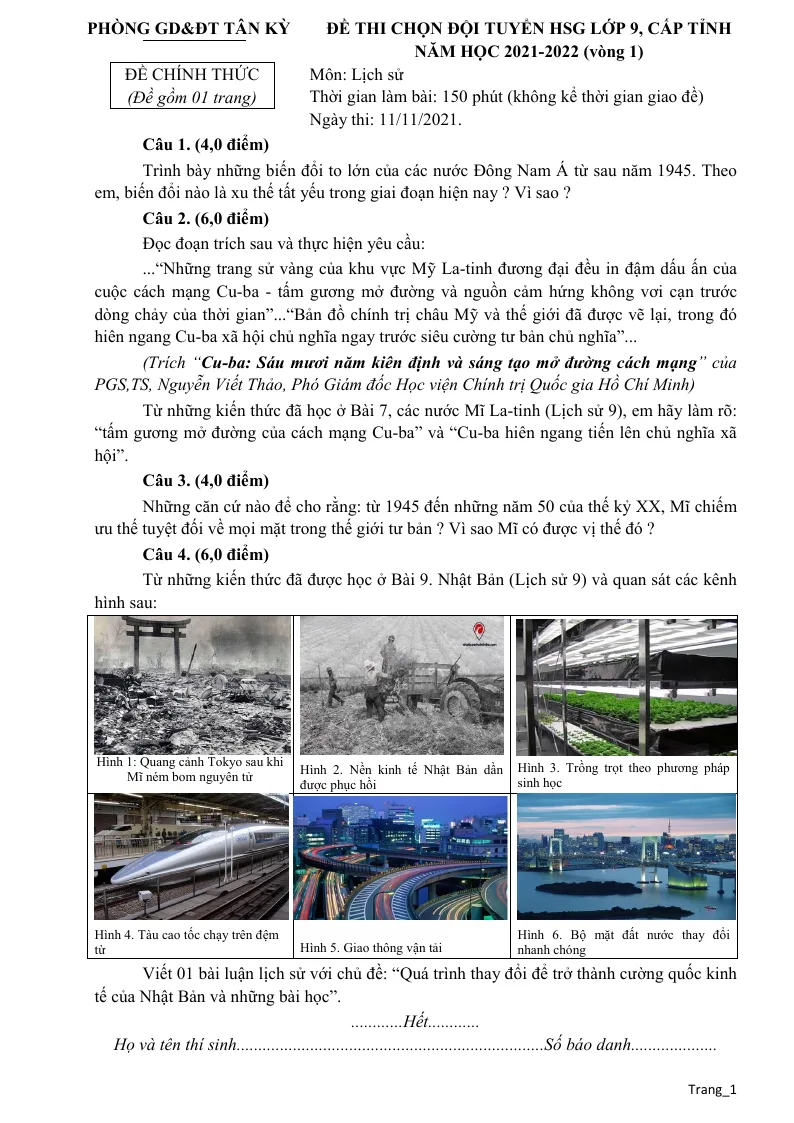 Đề Thi HSG Lịch Sử 9 Phòng GD&ĐT Tân Kỳ 2021 - 2022 (Vòng 1)