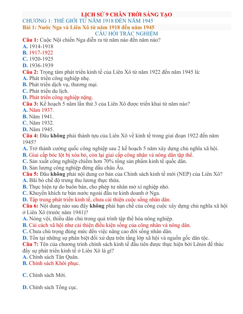 500 Câu Trắc Nghiệm Lịch Sử 9 Theo Bài Học