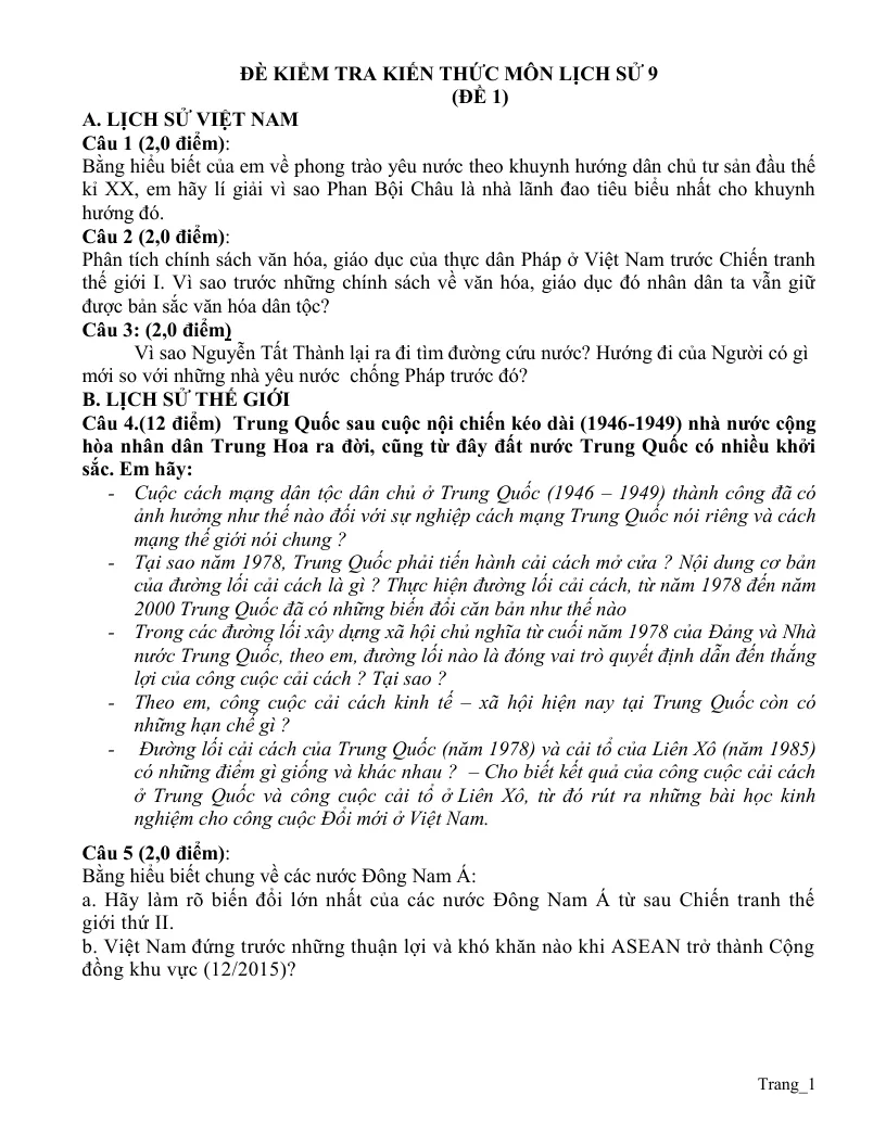 10 Đề Ôn Thi HSG Lịch Sử 9
