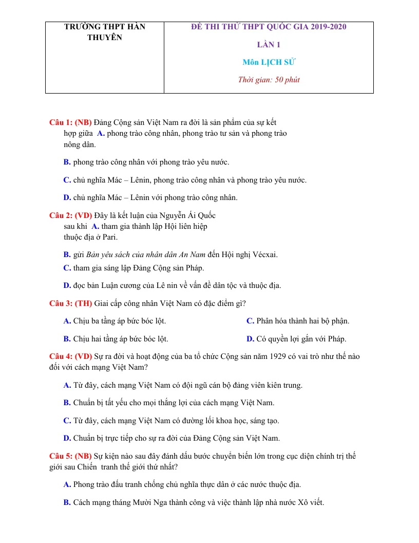 Đề Thi Thử THPT Quốc Gia Lịch Sử 2019 - 2020 Trường Hàn Thuyên Lần 1