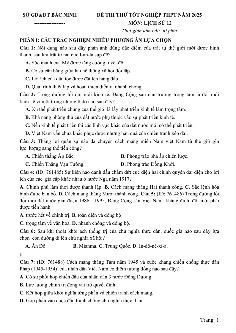 Đề Thi Thử Tốt Nghiệp 2025 Lịch Sử Sở GD Bắc Ninh