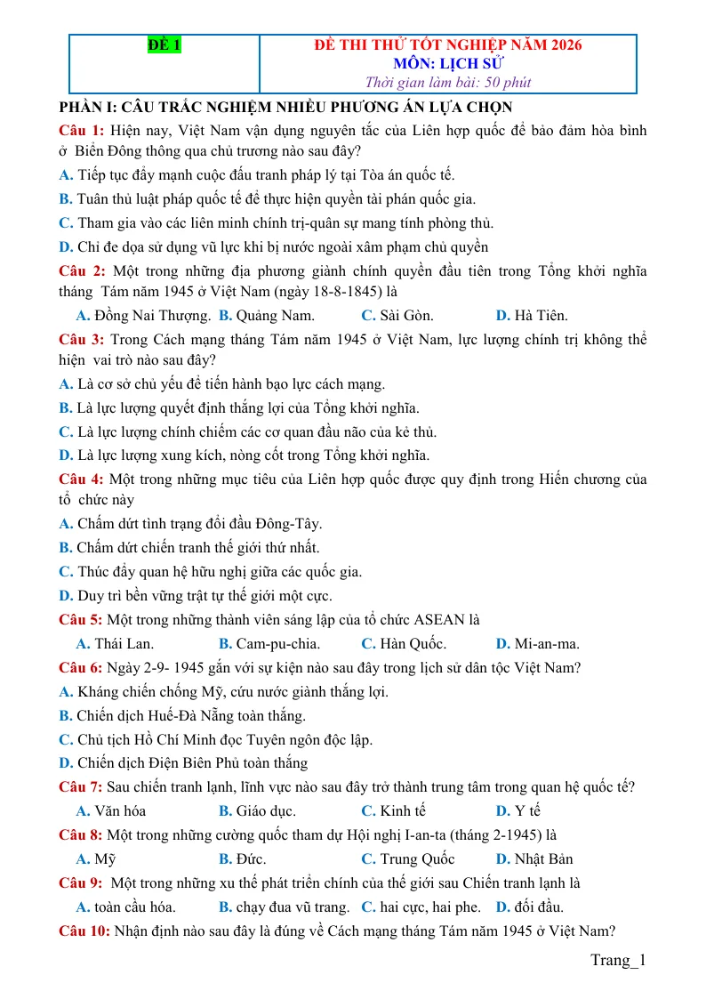 Bộ 10 Đề Thi Thử Tốt Nghiệp THPT 2026 Môn Lịch Sử
