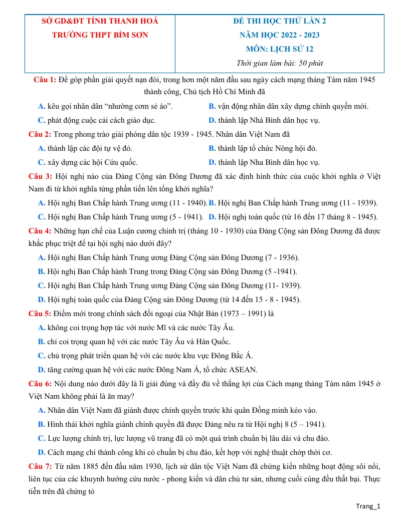Đề Thi Thử TN 2023 Môn Sử THPT Bỉm Sơn Lần 2