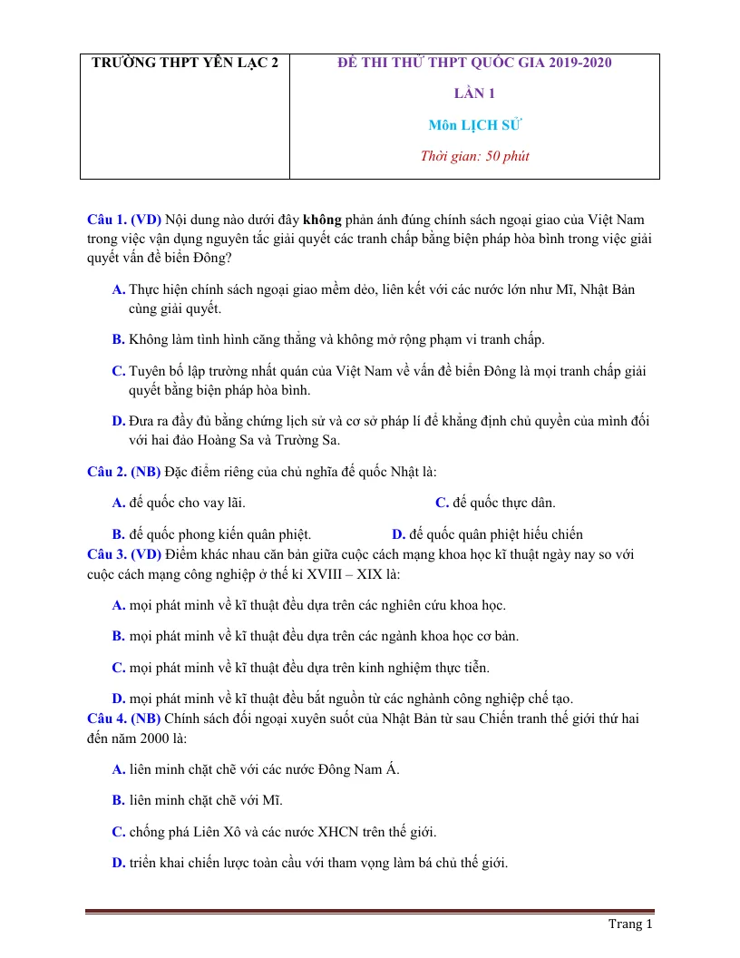 Đề Thi Thử THPT Quốc Gia Lịch Sử 2019 - 2020 Trường Yên Lạc 2 Lần 1