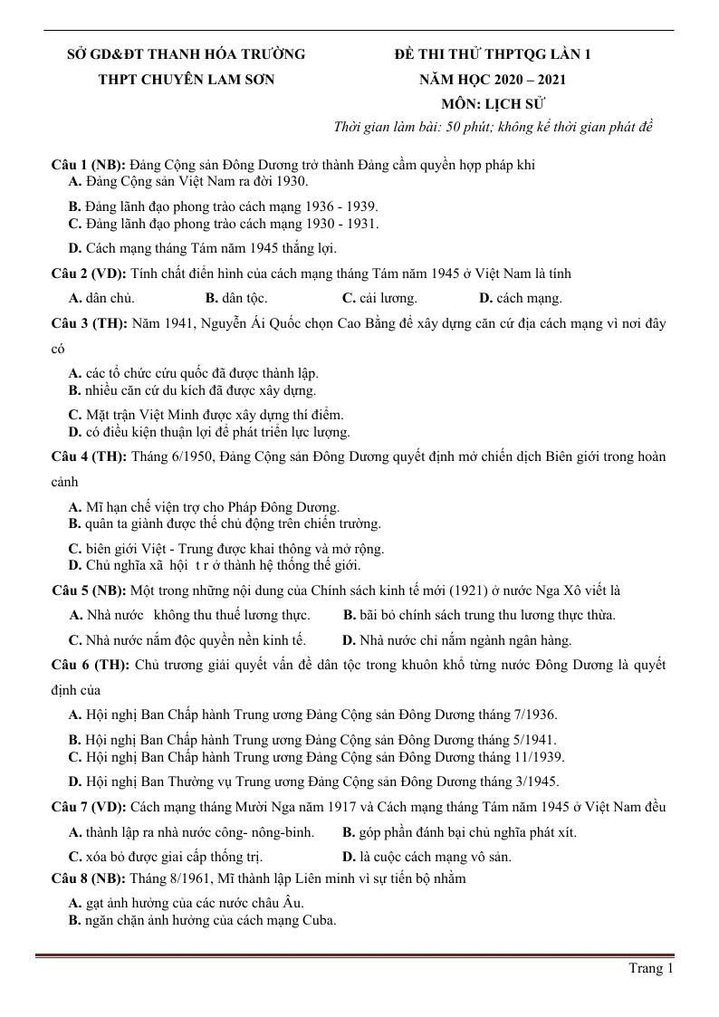 Đề Thi Thử TN THPT 2021 Môn Sử Trường Chuyên Lam Sơn Lần 1