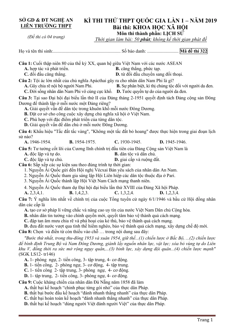 12 Đề Thi Thử THPT Quốc Gia Môn Lịch Sử Năm 2019