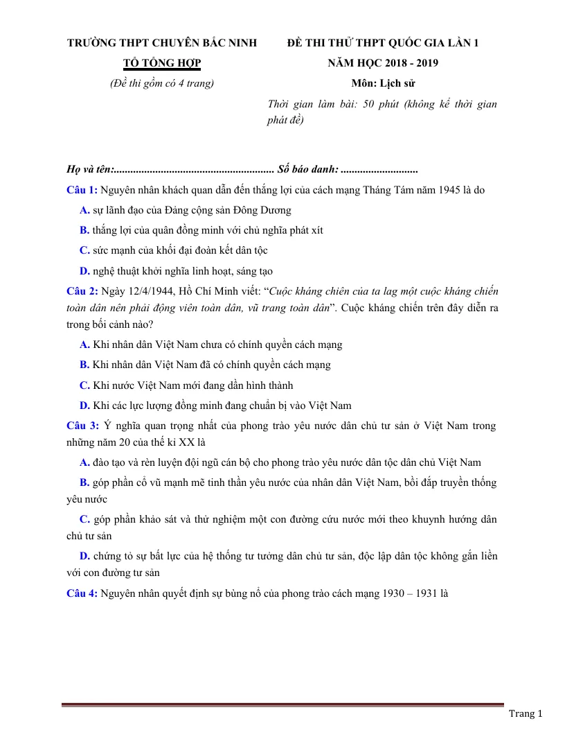 Tuyển Chọn 30 Đề Thi Thử THPT Quốc Gia Môn Lịch Sử 2019