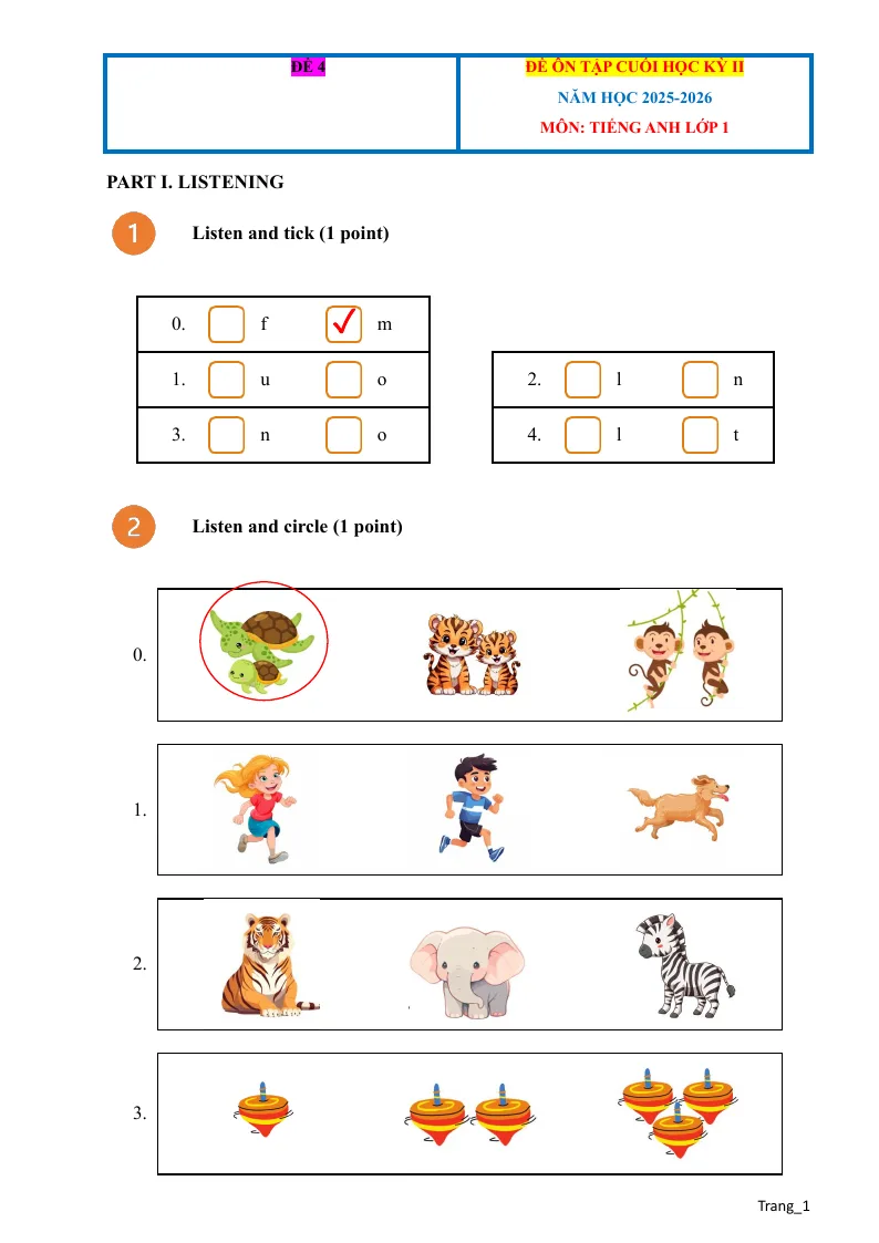 Đề Ôn Tập HK2 Tiếng Anh Lớp 1 Có Đáp Án File Nghe - Đề 4