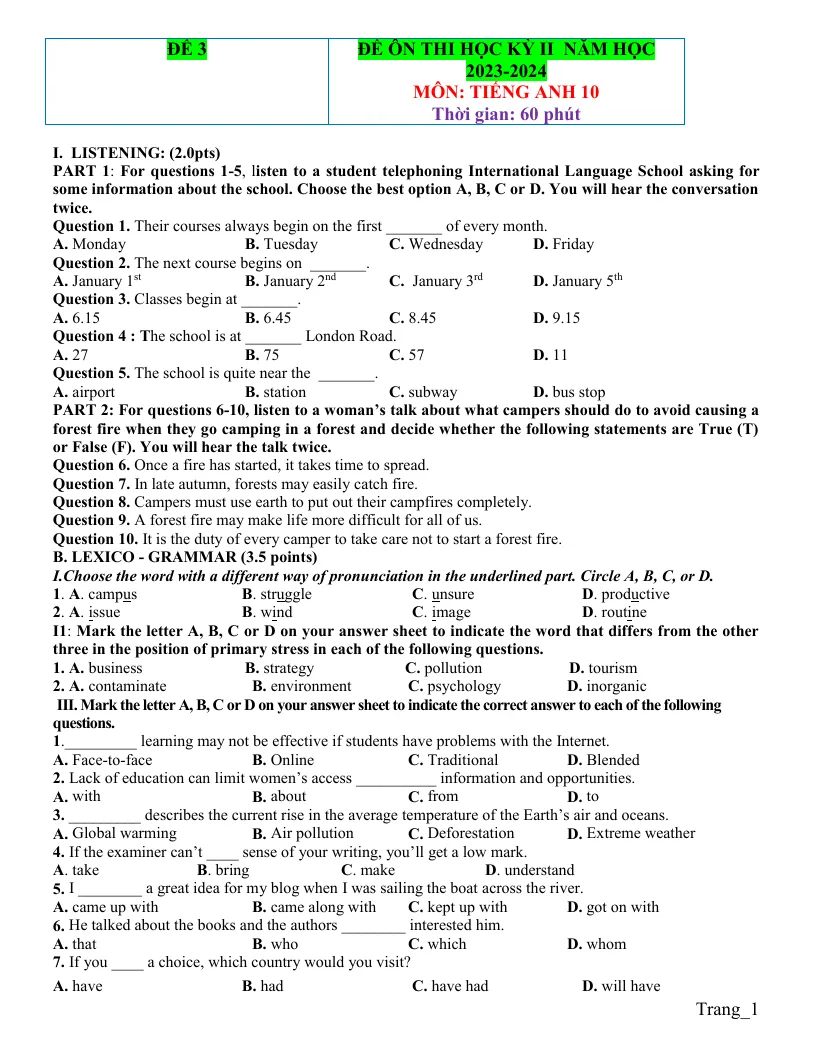 Đề Ôn Thi HK2 Anh 10 Có File Nghe - Đề 3