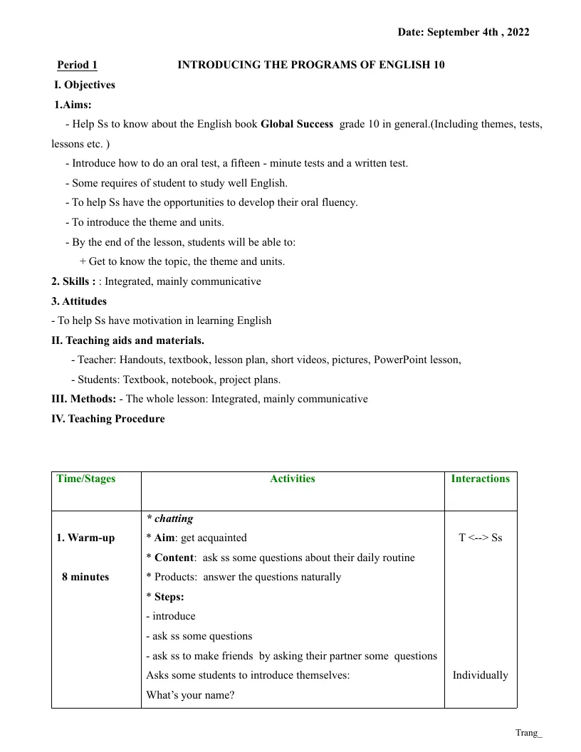 Giáo Án Tiếng Anh 10 Học Kì 1