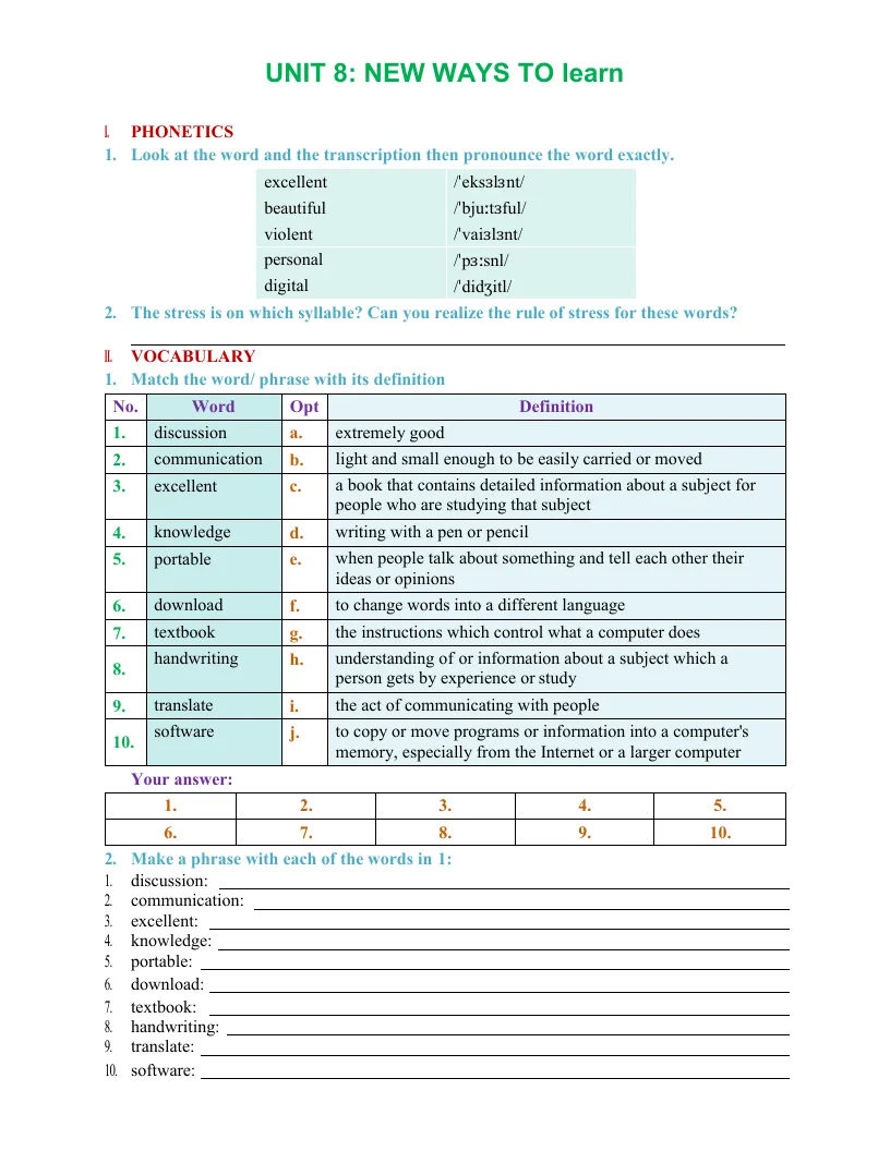 Bài Tập Tiếng Anh 10 Sách Thí Điểm Bài 8: New Ways To Learn Có Đáp Án - Đại Lợi - Hằng Nguyễn