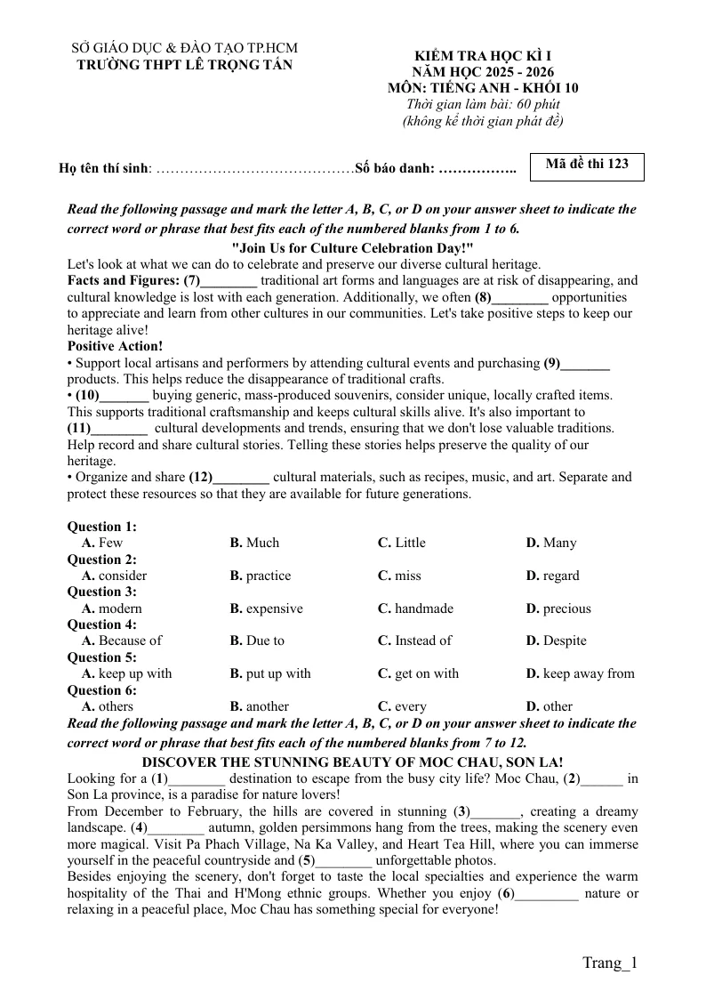 Đề Kiểm Tra Kỳ 1 Tiếng Anh 10 THPT Lê Trọng Tấn TP HCM 2025 - 2026