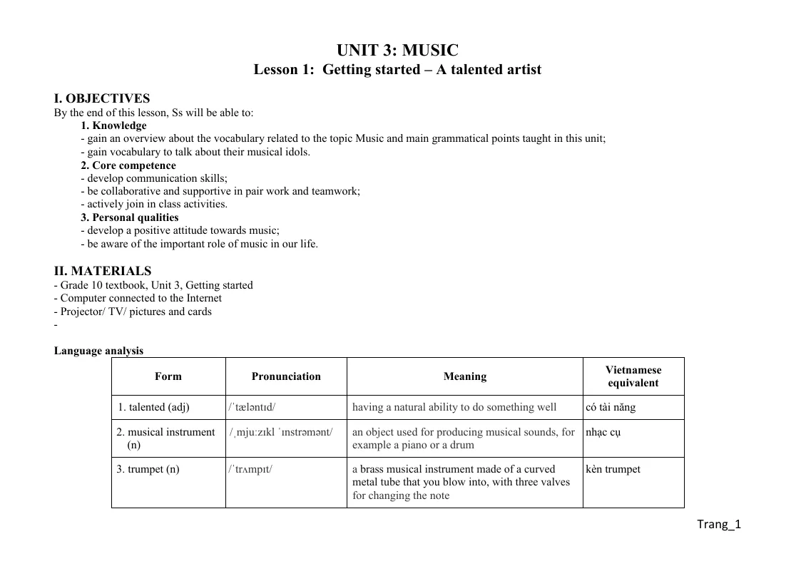 Giáo Án Tiếng Anh 10 Global Unit 3 Music