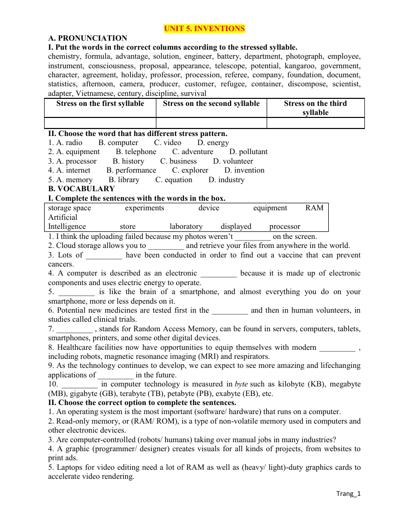 Bài Tập Làm Thêm Tiếng Anh 10 Unit 5 Inventions