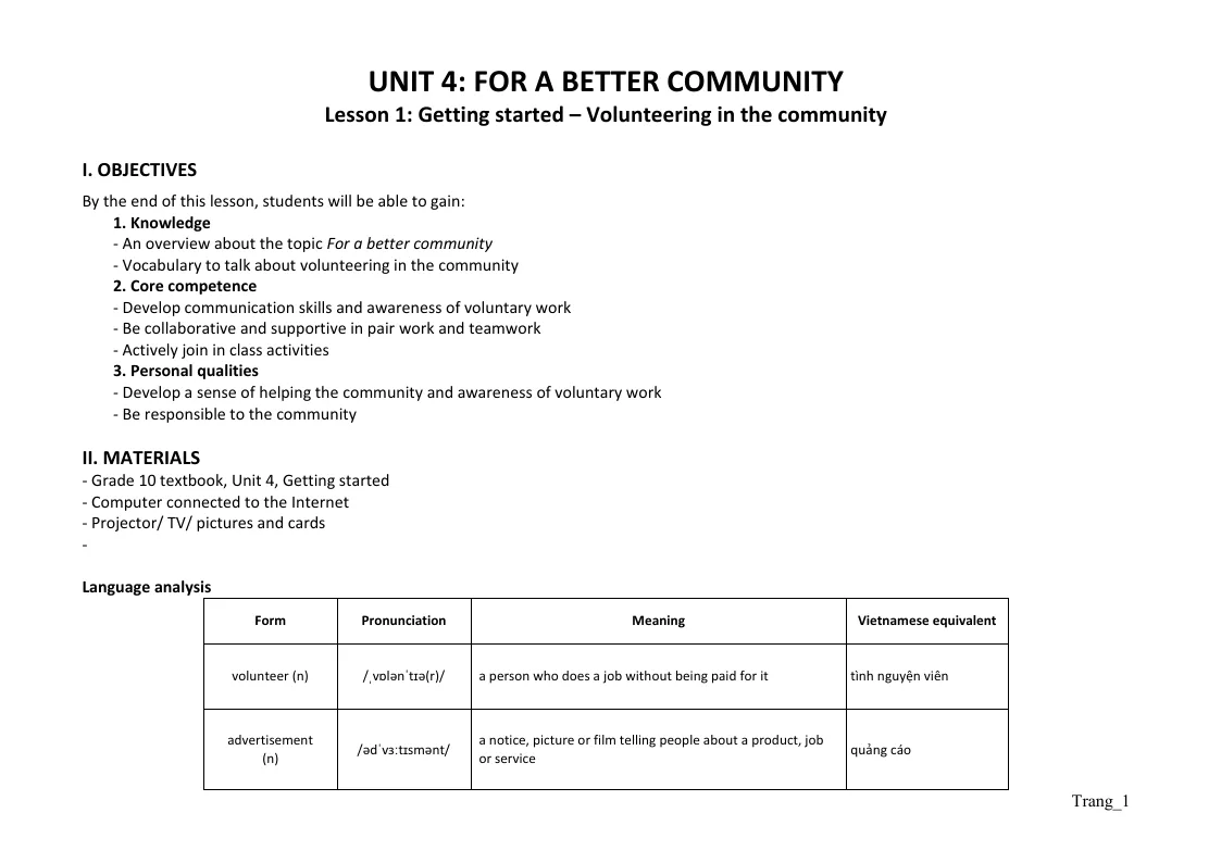 Giáo Án Tiếng Anh 10 Global Unit 4 For A Better Community