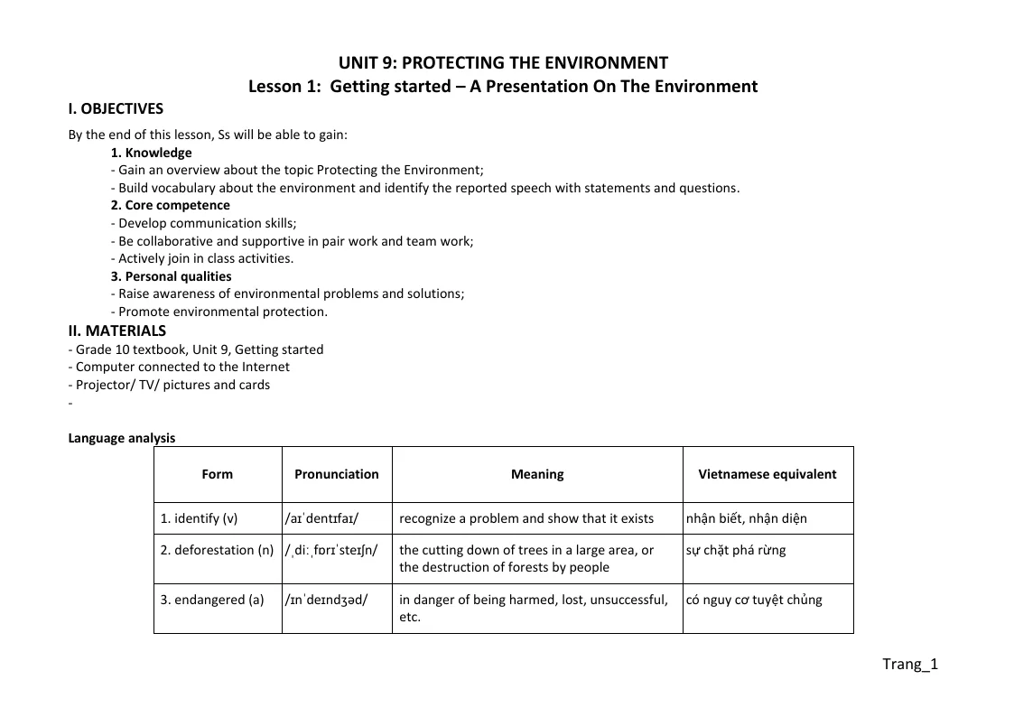 Giáo Án Tiếng Anh 10 Global Unit 9 Protecting The Environment