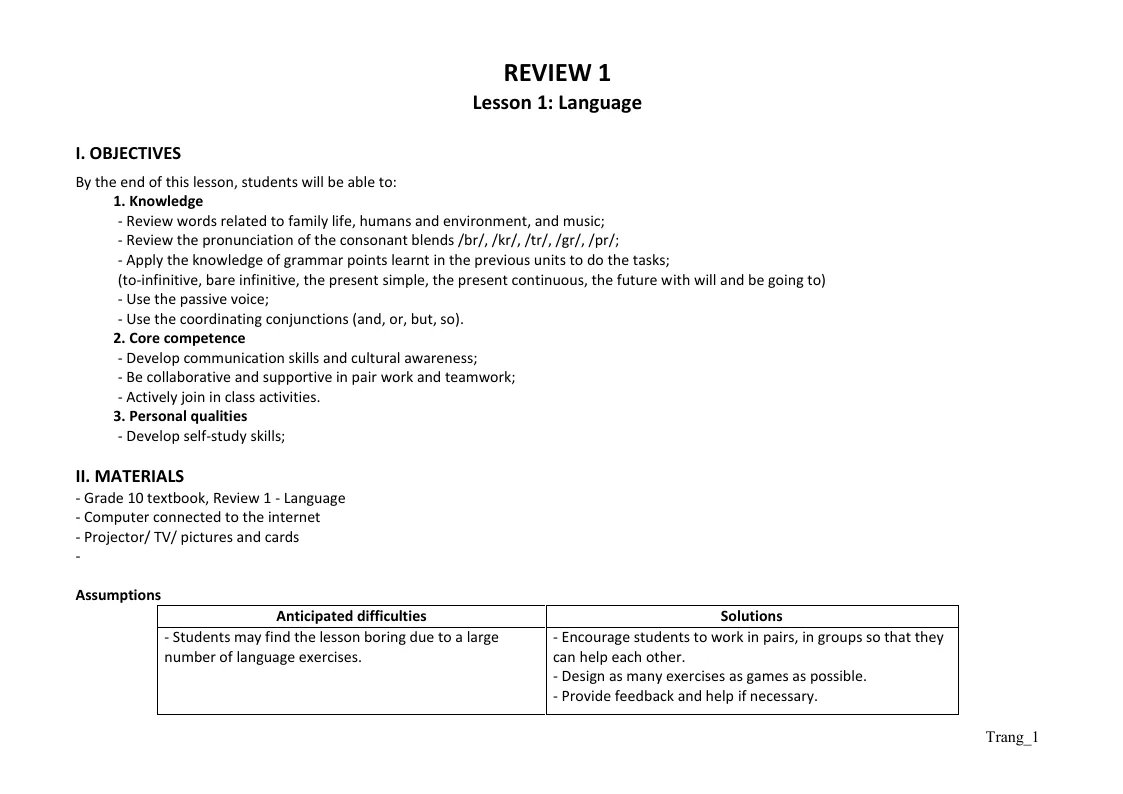 Giáo Án Tiếng Anh 10 Global Review 1