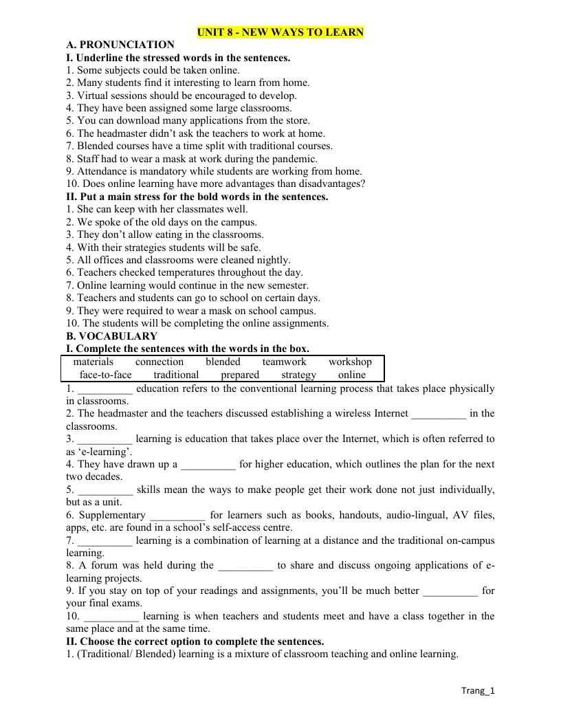 Bài Tập Thực Hành Anh 10 Unit 8 New Ways To Learn