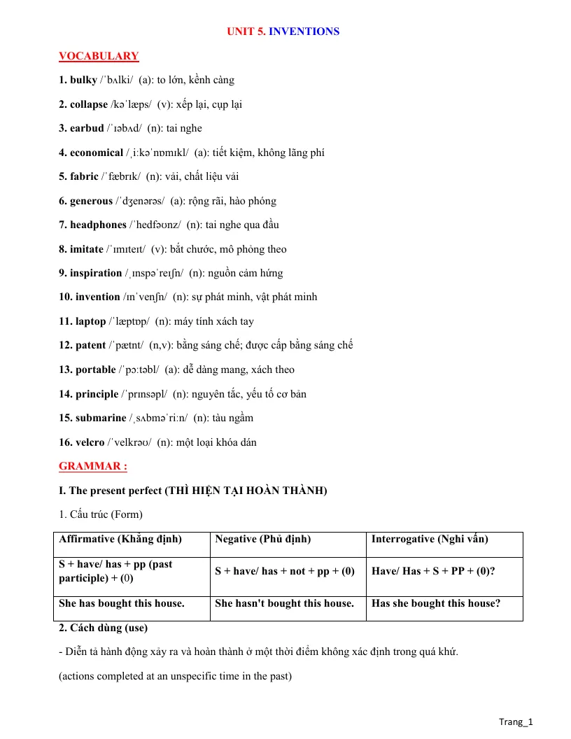 Bài Tập Tiếng Anh 10 Nâng Cao Unit 5 Inventions
