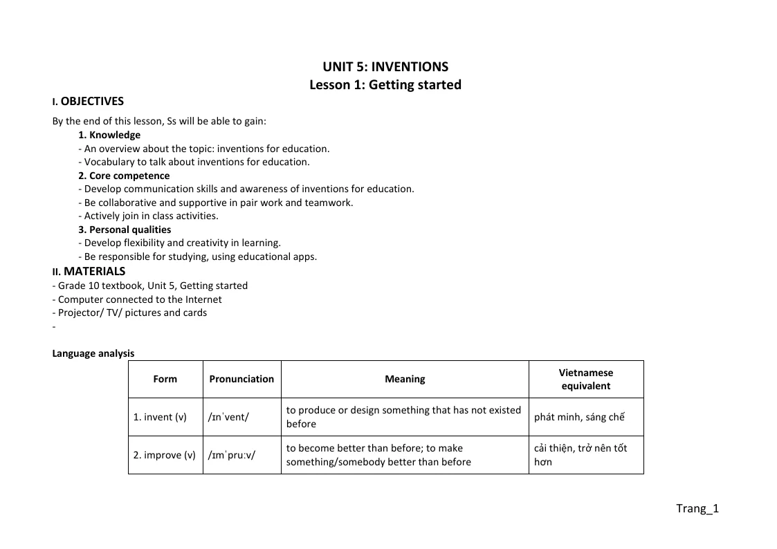 Giáo Án Tiếng Anh 10 Global Unit 5 Inventions