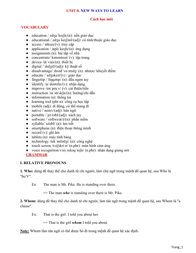 Bài Tập Tiếng Anh 10 Nâng Cao Unit 8 New Ways To Learn
