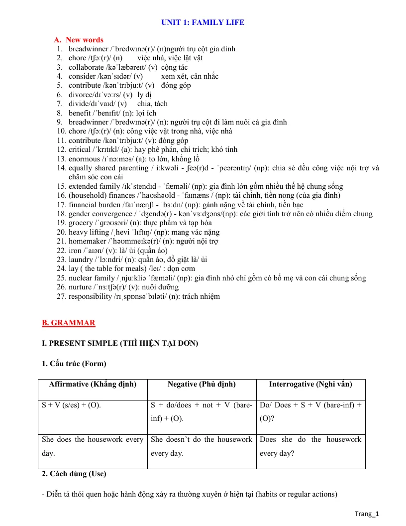 Bài Tập Tiếng Anh 10 Nâng Cao Unit 1 Family Life