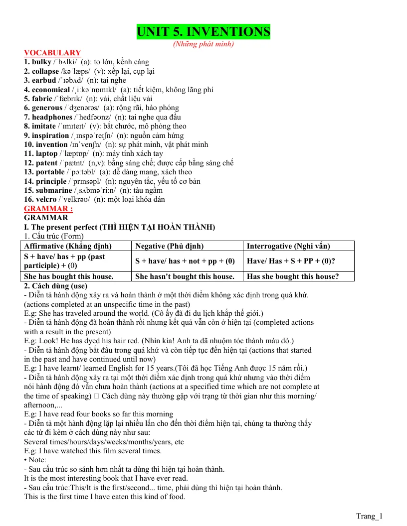 Bài Tập Chuyên Sâu Anh 10 Global Unit 5 Inventions