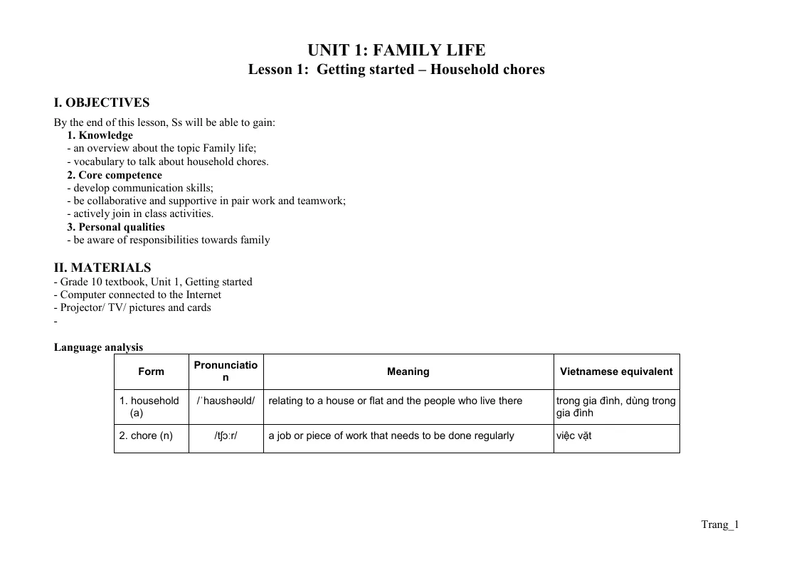 Giáo Án Tiếng Anh 10 Global Unit 1 Family Life