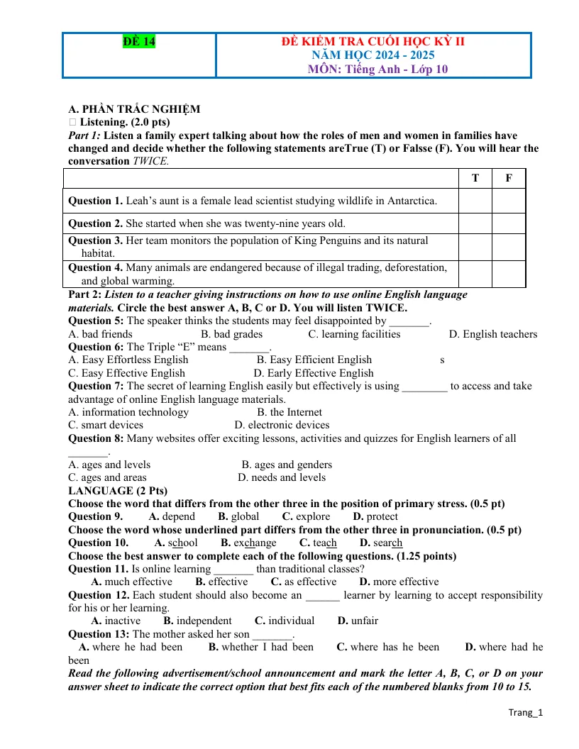 Đề Thi Kỳ 2 Anh 10 2024 - 2025 Có Đáp Án Và File Nghe - Đề 14