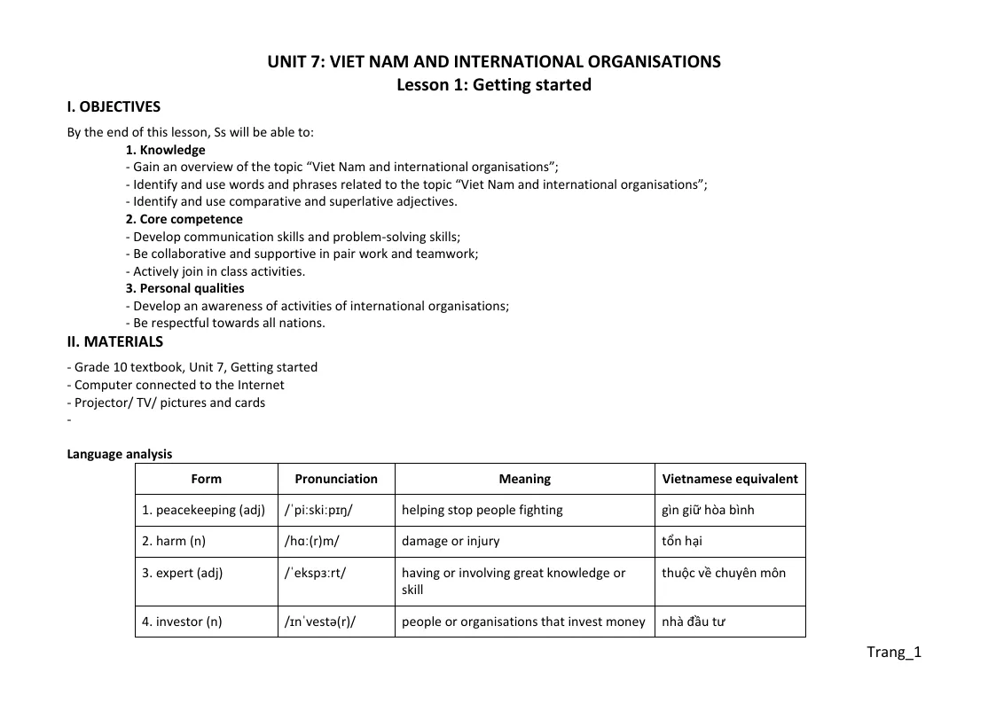 Giáo Án Tiếng Anh 10 Global Unit 7 Viet Nam And International Organisations
