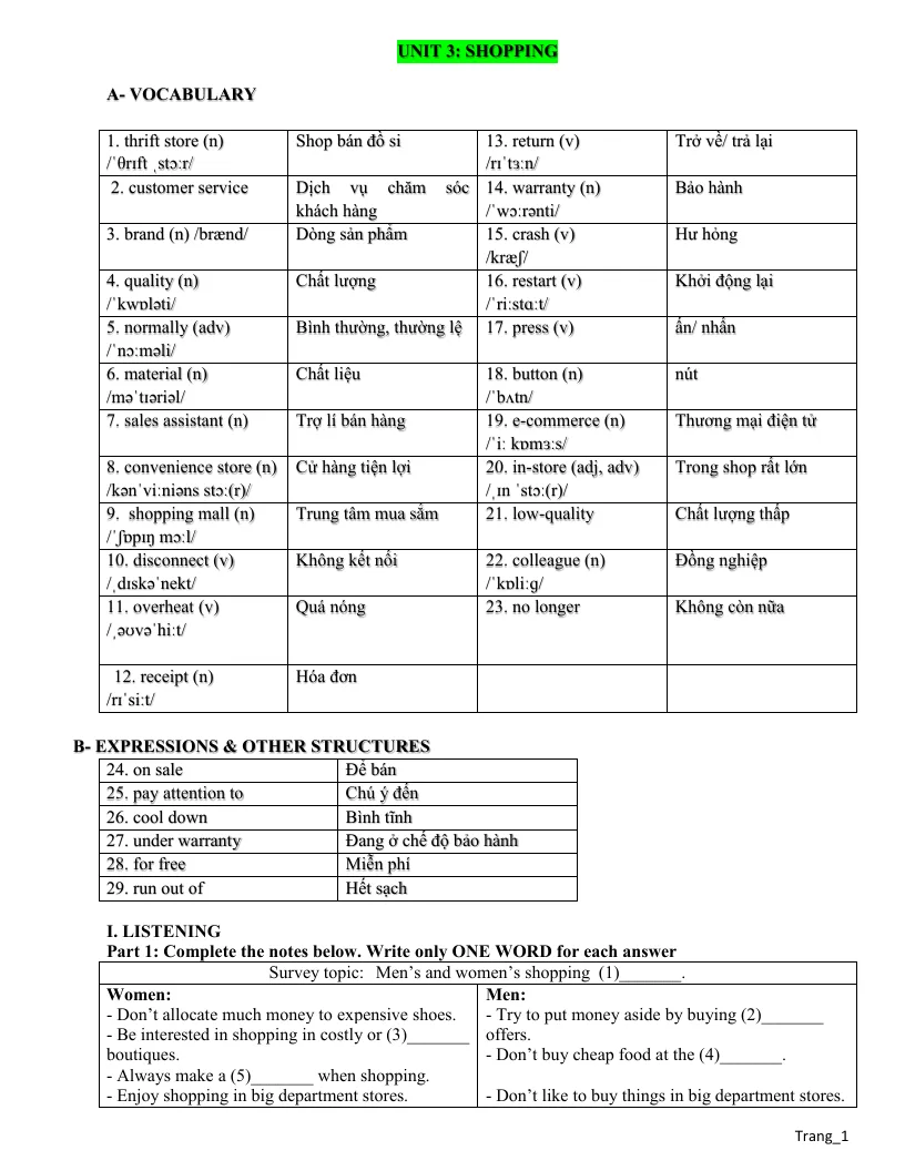 Bài Tập Bổ Trợ Anh 10 Smart World Unit 3 Shopping Có Đáp Án Và File Nghe